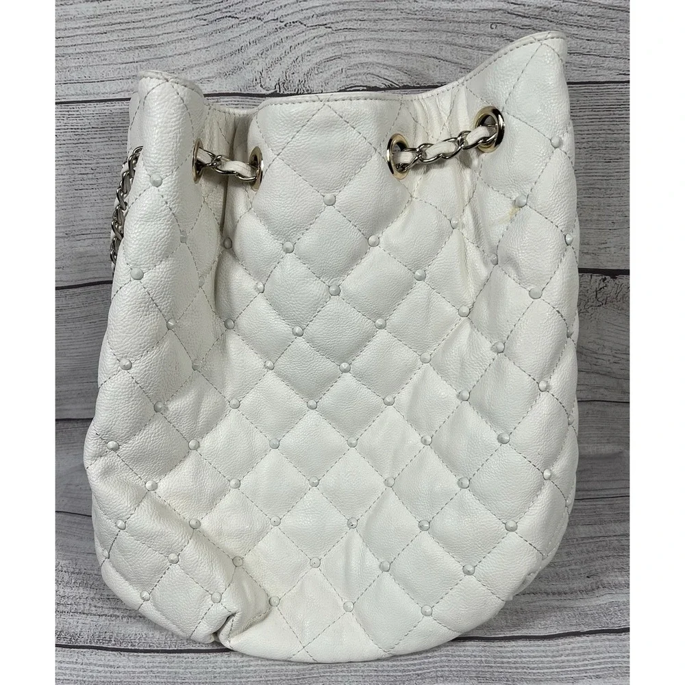 Big Buddha Quilted Studded Hobo Shoulder‎ Bag White With Gold Tone Chain Links